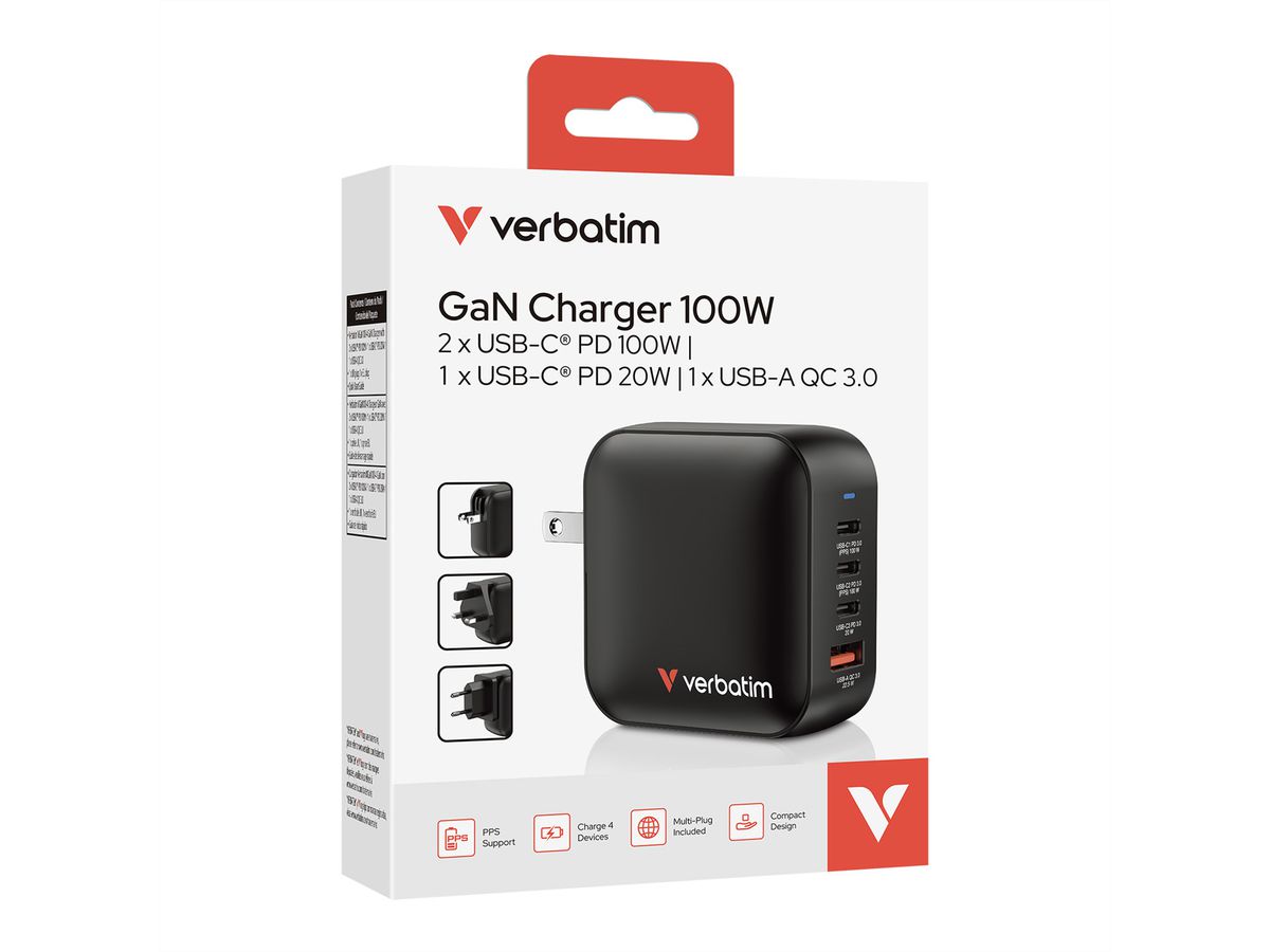 Verbatim Mini GaN 4 Port Charger 100W, 3x USB-C, 1x USB-A