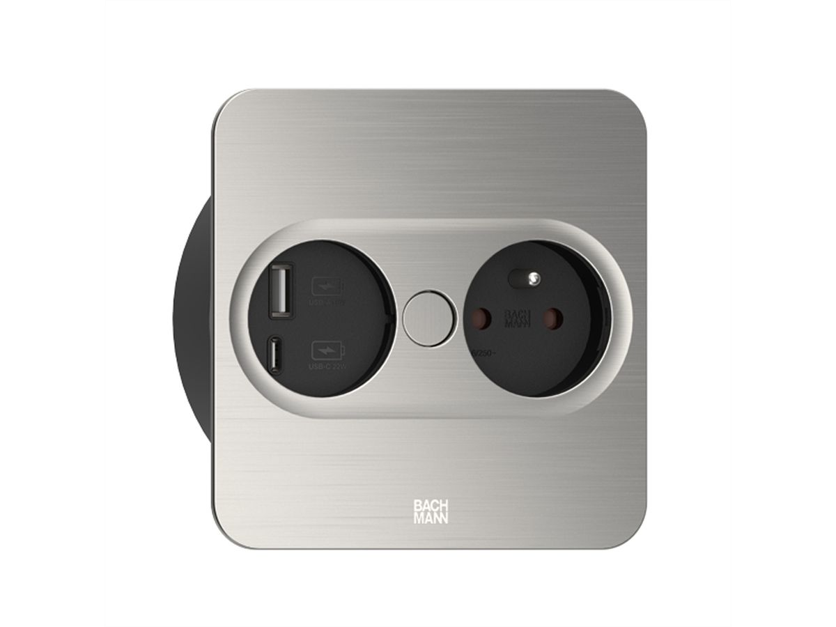 BACHMANN TWIST 2 1xUTE 1xUSB A/C 22W 2,0m AEH Edelstahl-Optik eckig