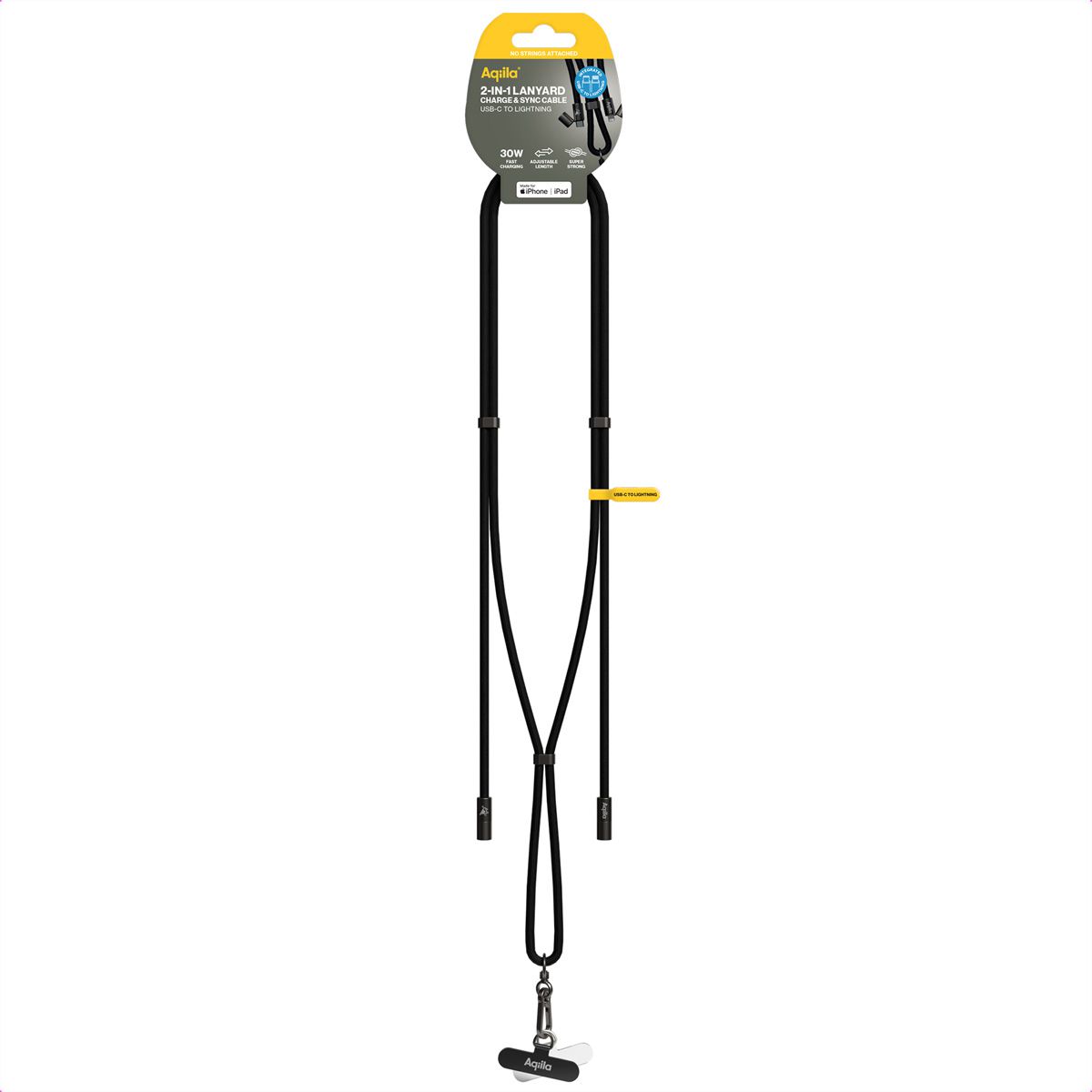 Aqiila Lanyard Lade- & Synckabel CL1, 60W, Typ C zu Lightning, Schwarz
