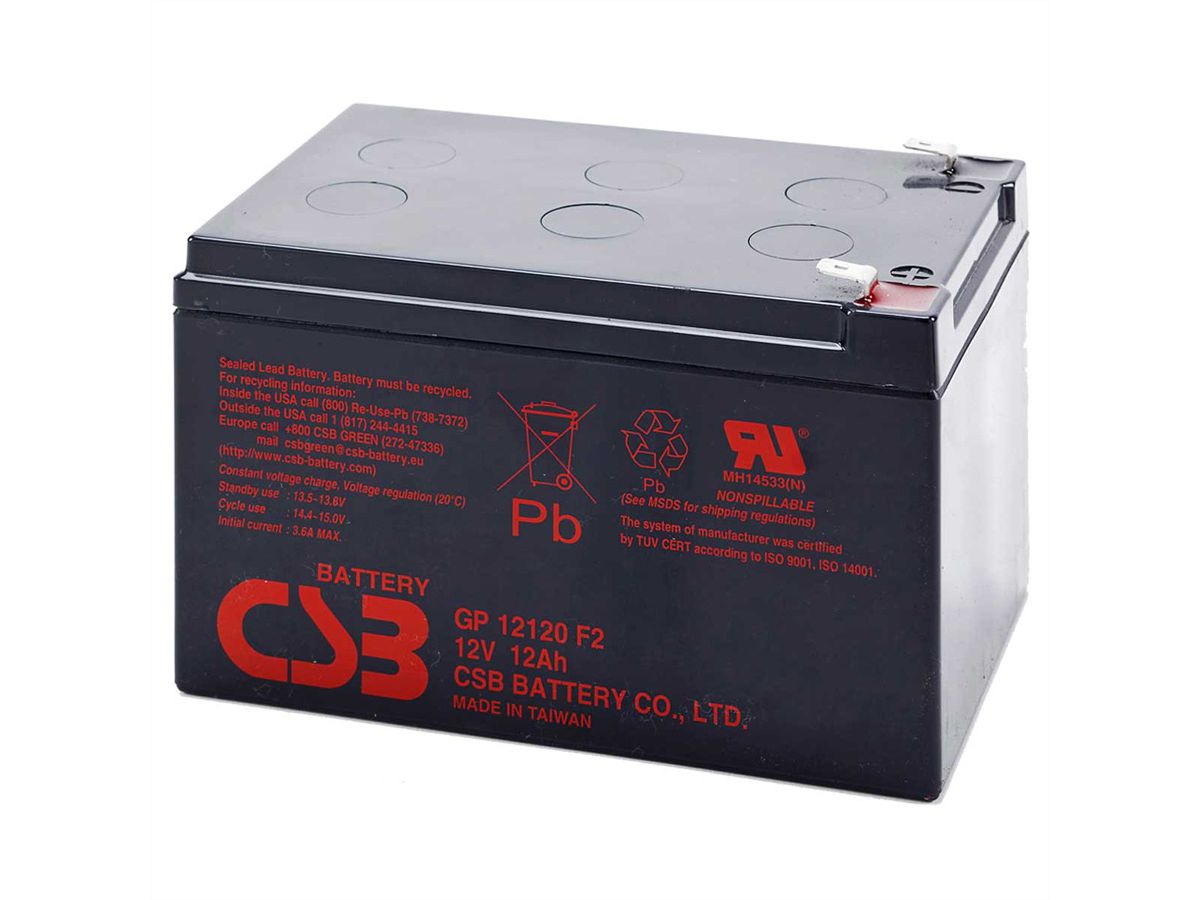 CSB 12VDC 12Ah Verschlossener, wartungsfreier Bleiakkumulator, Anschlüsse Faston 250 6.3mm, Ideal für USV Anlagen