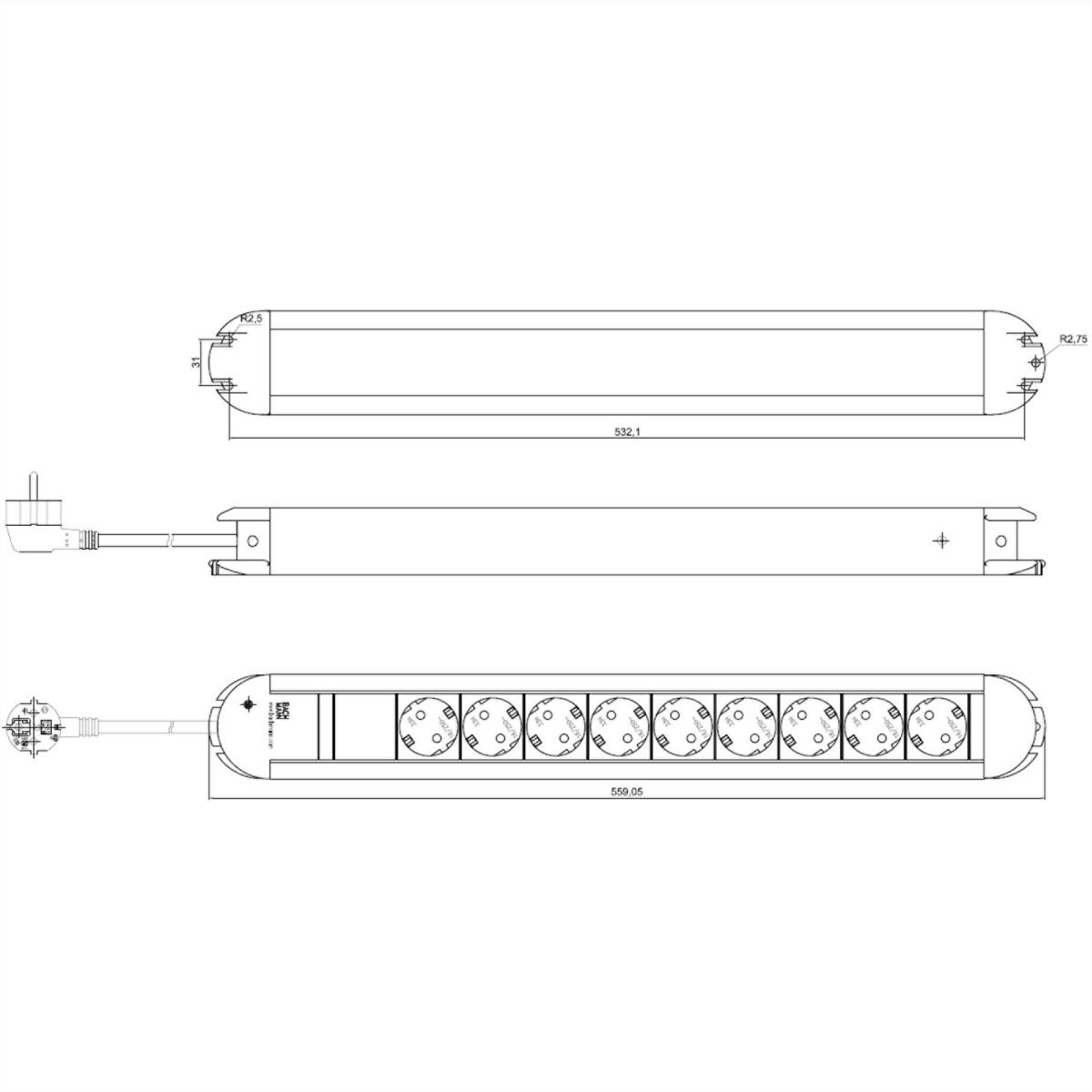 BACHMANN PRIMO Bâti de prises 9x contact de protection, aluminium, 1,75 m