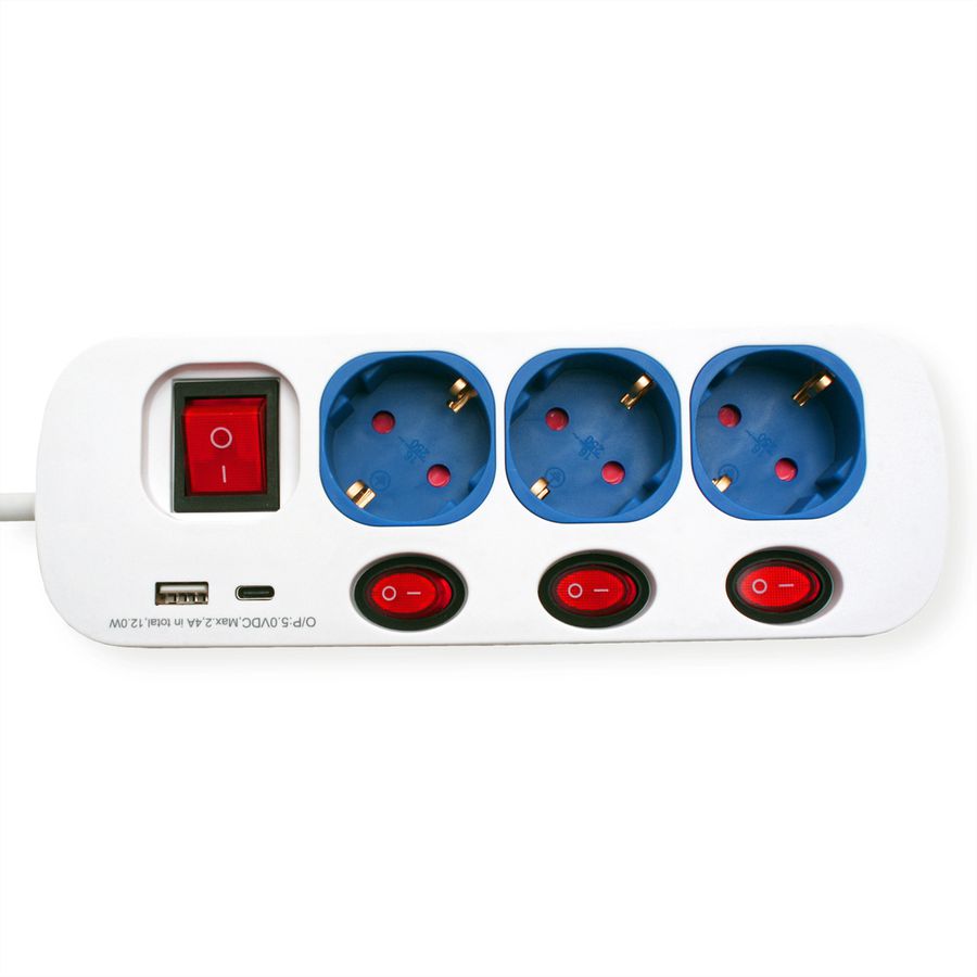ROLINE 3-fach Steckdosenleiste mit Schalter, USB-Charger A+C, 1,5 m