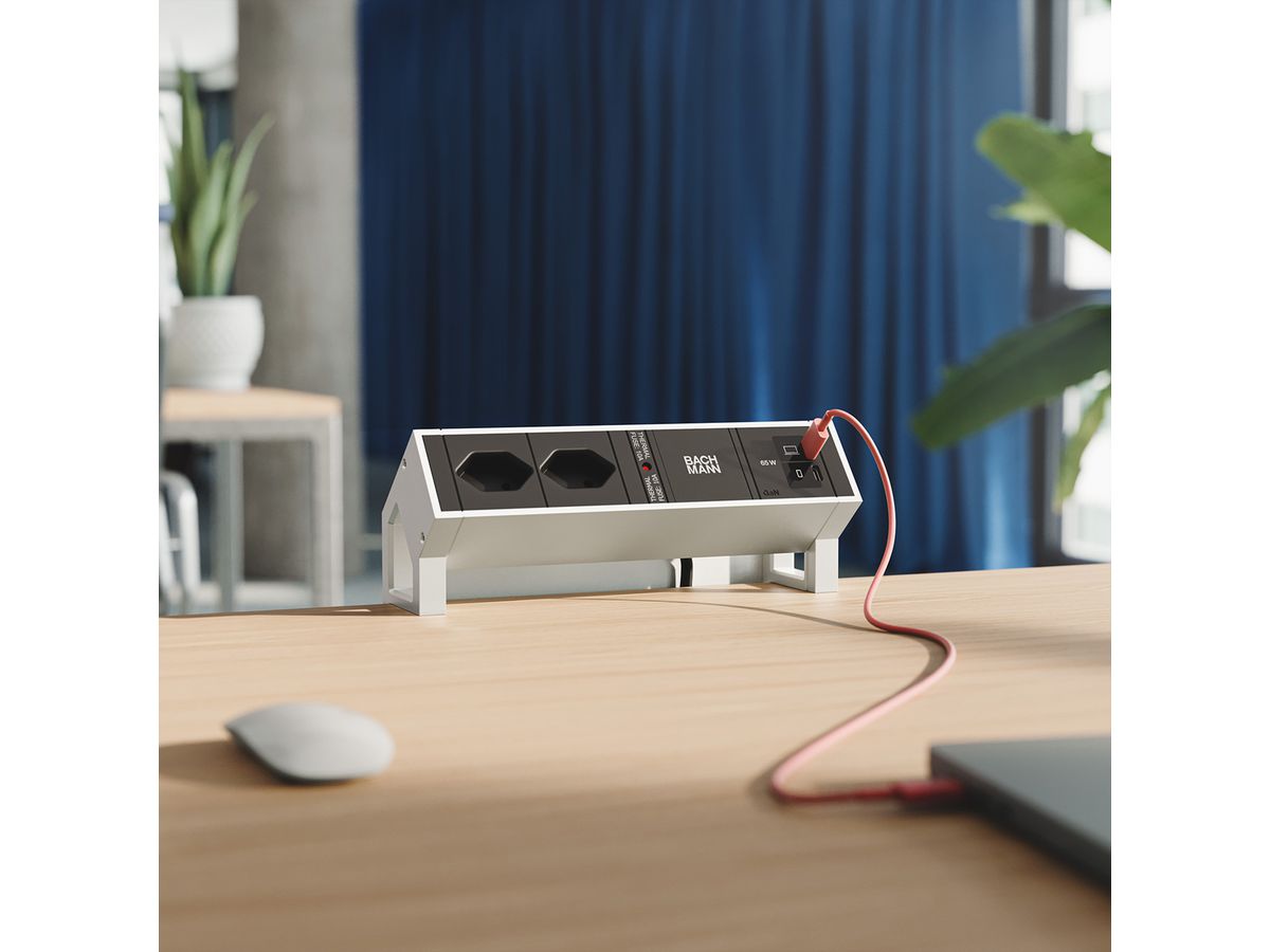 BACHMANN DESK2 2xCH 90° 1xUSB C/C 65W, L=0,2m INOX