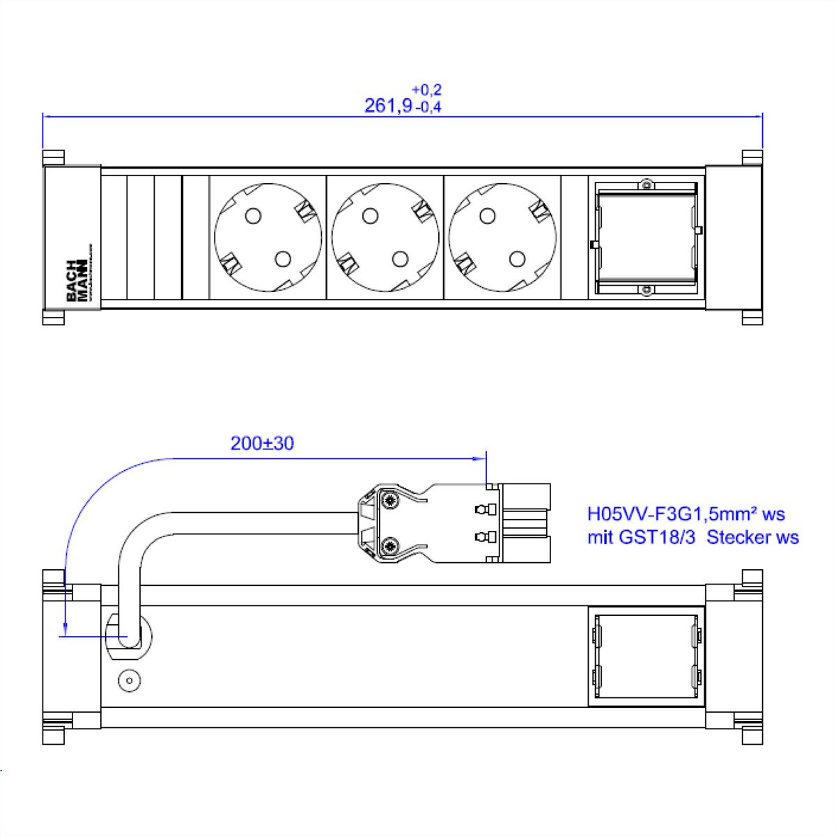 BACHMANN POWER FRAME 3xCEE7/3 1xCM 0,2m GST18 RAL9010
