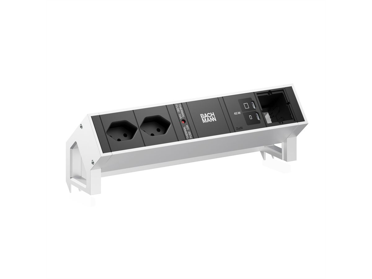 BACHMANN DESK2 2xCH 90° 1xUSB C/C 45W, 1xCM L=0,2m INOX