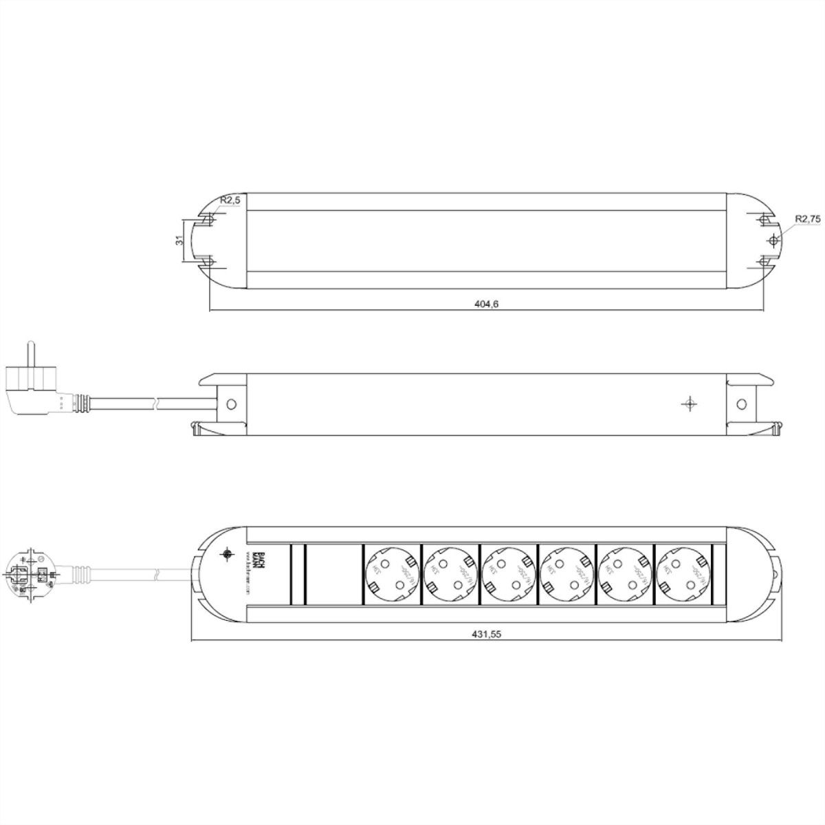 BACHMANN PRIMO Bâti de prises 6x contact de protection, aluminium, 1,75 m
