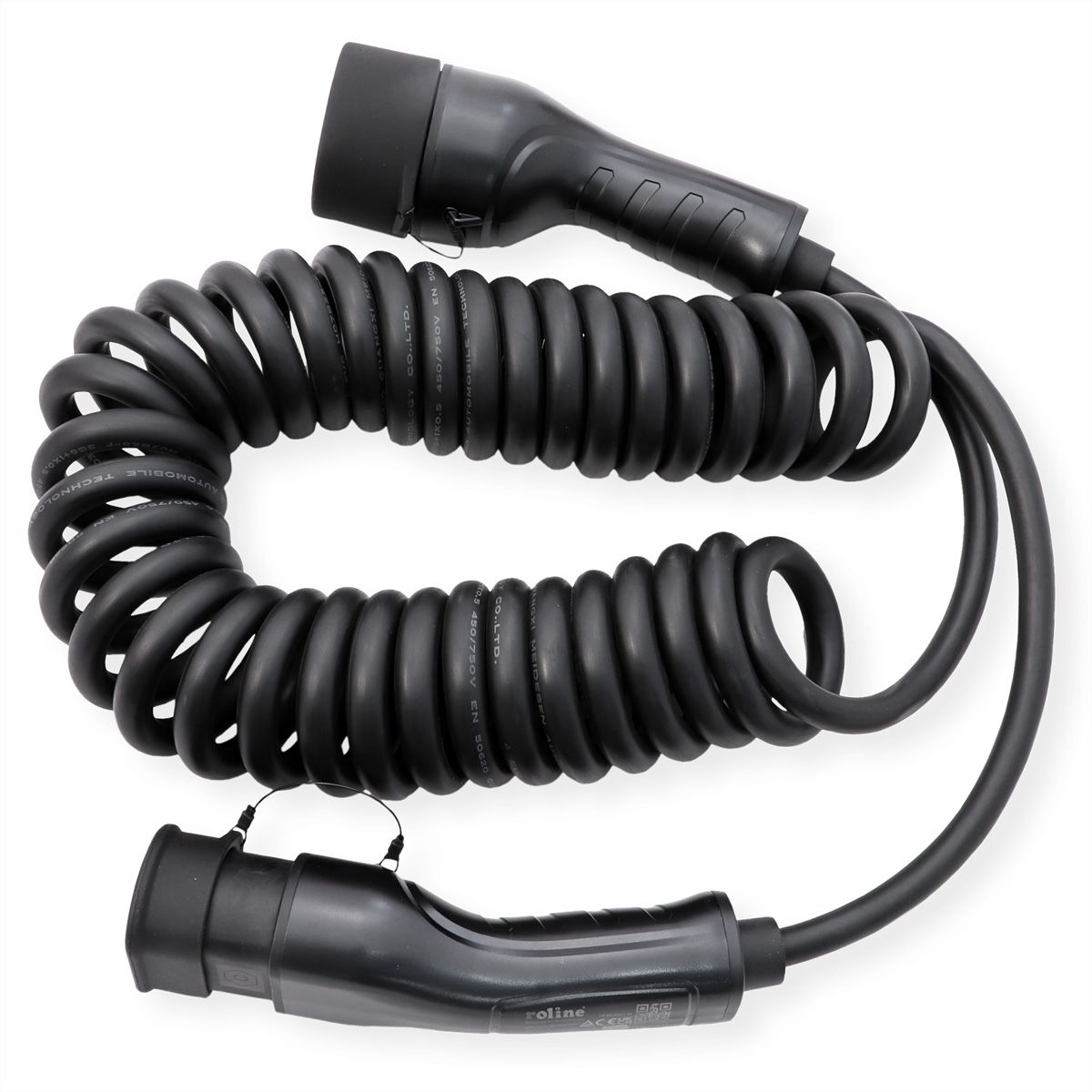 ROLINE E-Auto Spiral-Ladekabel Typ2, 1-phasig, 250VAC (1P+N+E), 32 A, 7,4 kW, max. 5m