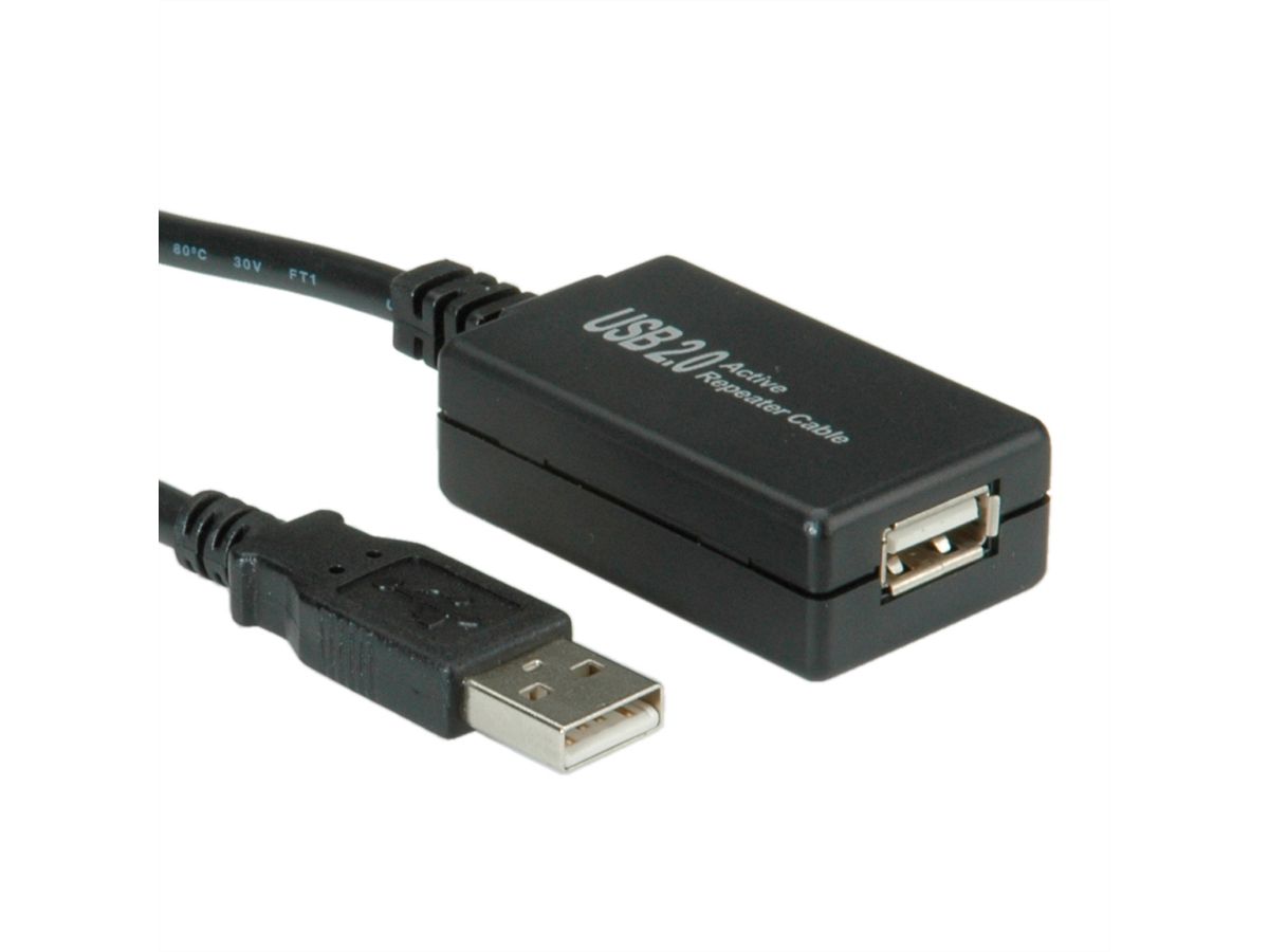 VALUE USB 2.0 Verlängerung, aktiv, mit Repeater, schwarz, 12 m