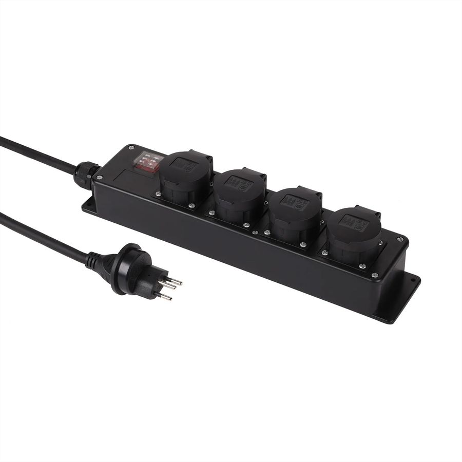Steckdosenleiste mit Schalter 4xT13, IP55 mit 3m Kabel H07RN-F 3G1.5mm2, schwarz