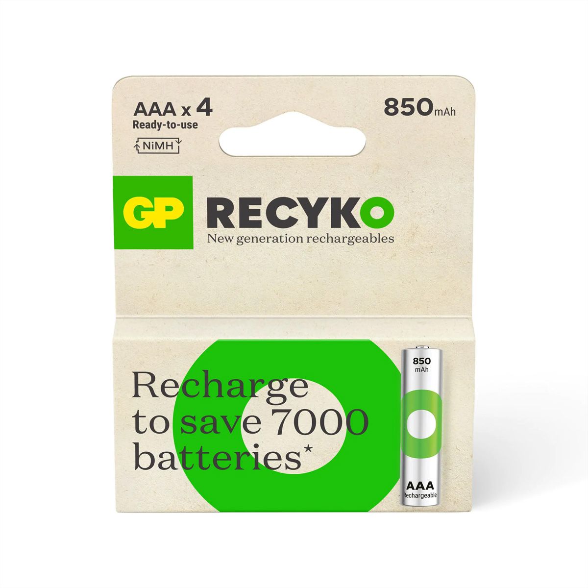 GP Batteries Recyko+, Akku 4xAAA, 850 mAh, 1,2 V