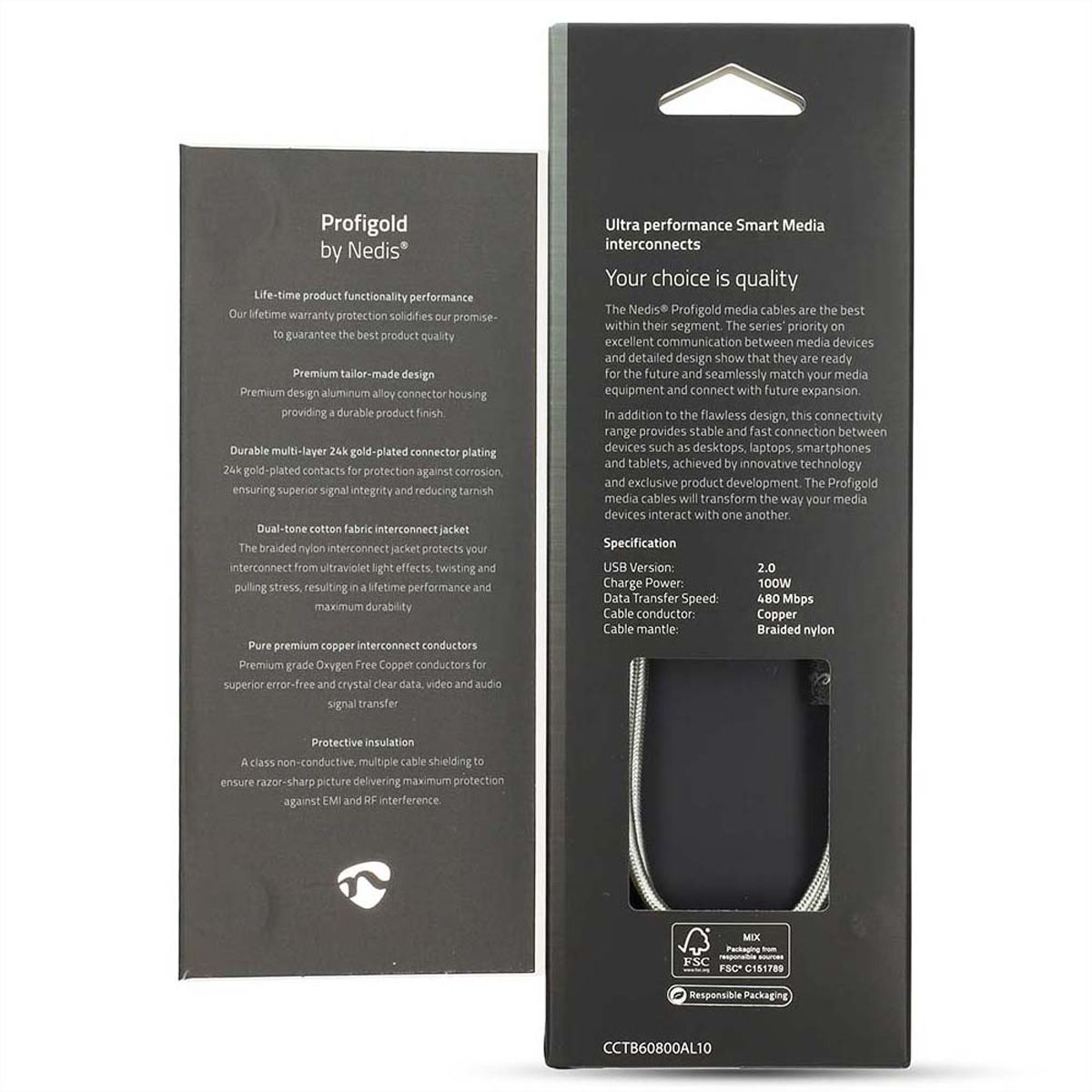 Nedis Câble USB 2.0, Type C-C, M/M, 100W, argent, 1m