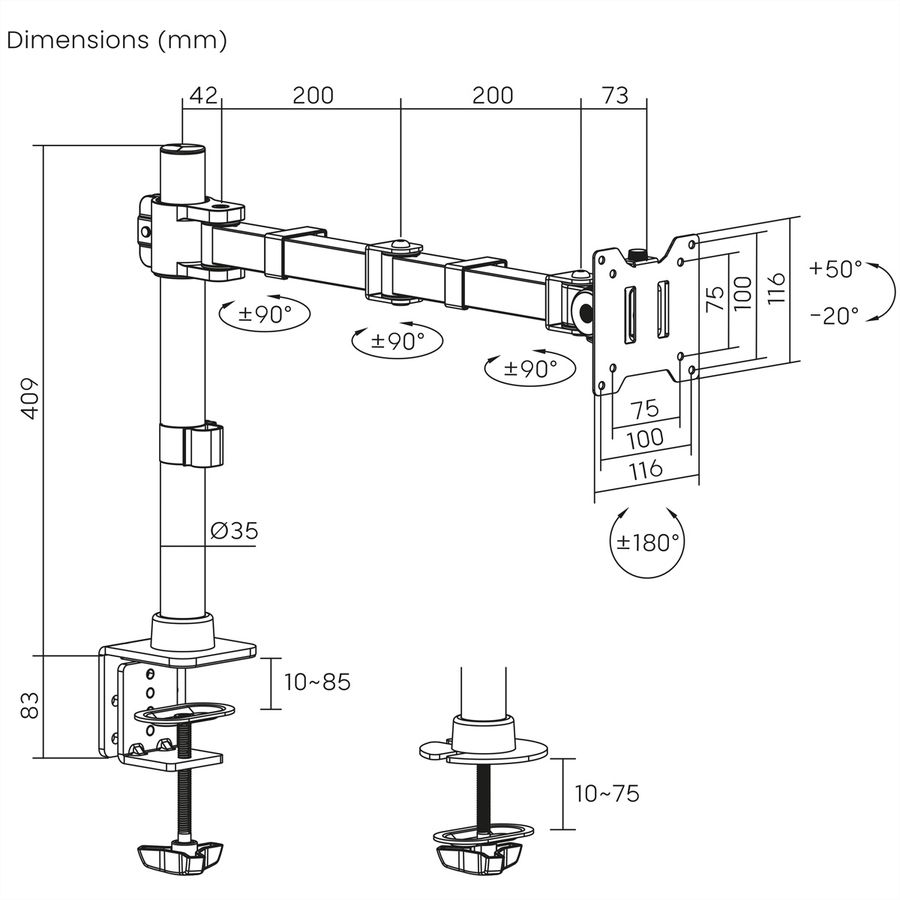 VALUE LCD-Arm, Trägerstange, 4 Gelenke, Tischmontage, 17-49 Zoll, bis 20 kg