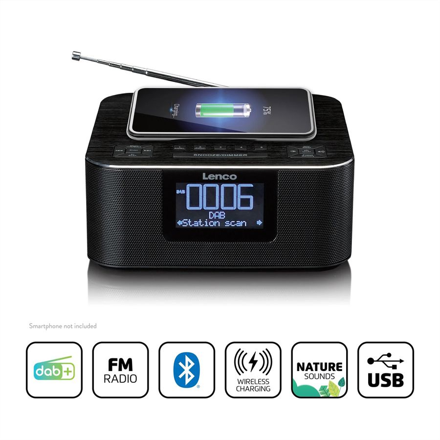 Lenco radio-réveil CR-650, DAB+, noir, BT et fonction de charge sans fil, noir