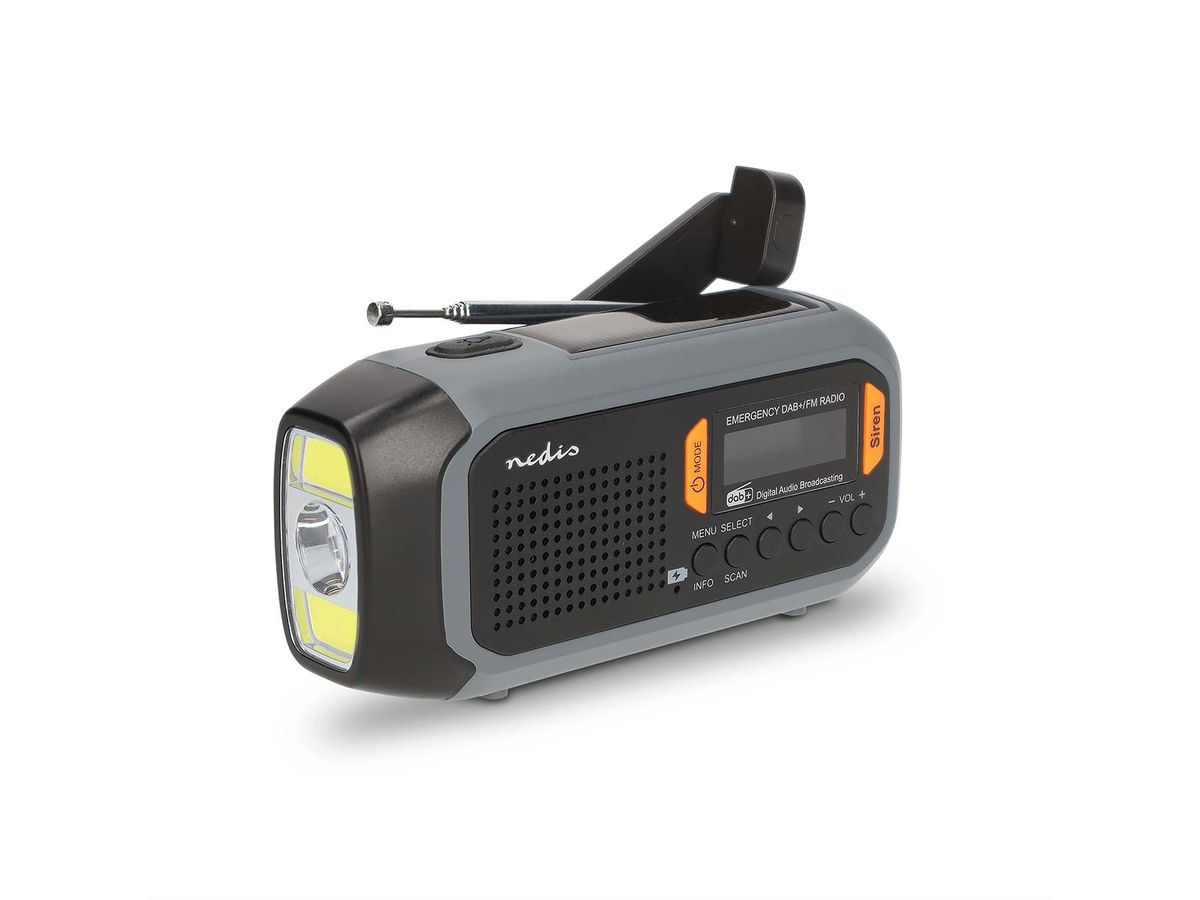 Radio d'urgence Nedis DAB FM avec manivelle, panneau solaire et batterie externe, Radio d'urgence portable pour les situations d'urgence, le camping et les activités de plein air