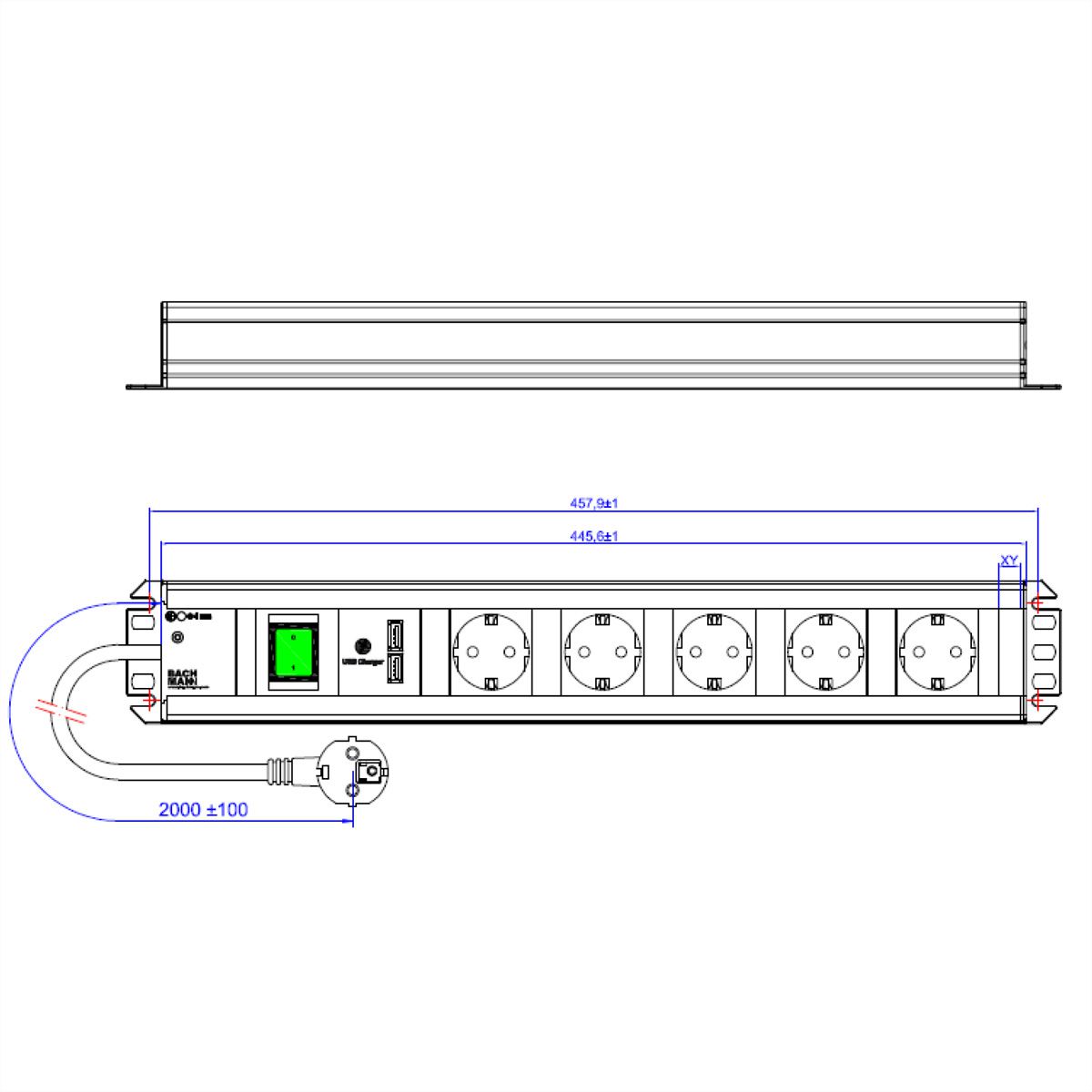 BACHMANN Handwerkerleiste, 5x Schutzkontakt, Schalter, 2x USB-Charger, 19-Zoll-Rack kompatibel, 2 m