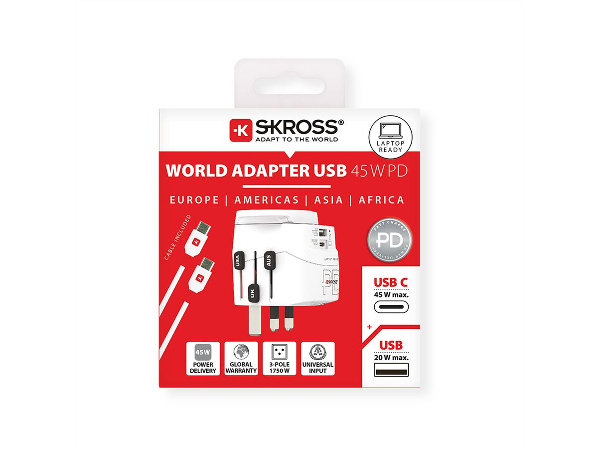 SKROSS Adaptateur de voyage PRO Light USB A/C 45PD World, monde