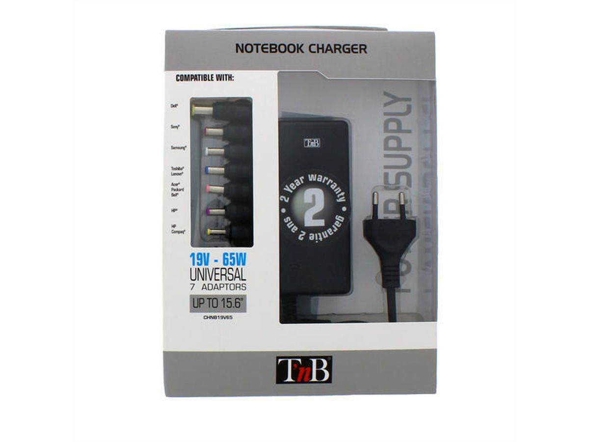 T'nB EASYLINE Universal Notebook Netzte. 65W / 19V, mit 9 Aufsätzen bis 15,6"/USB