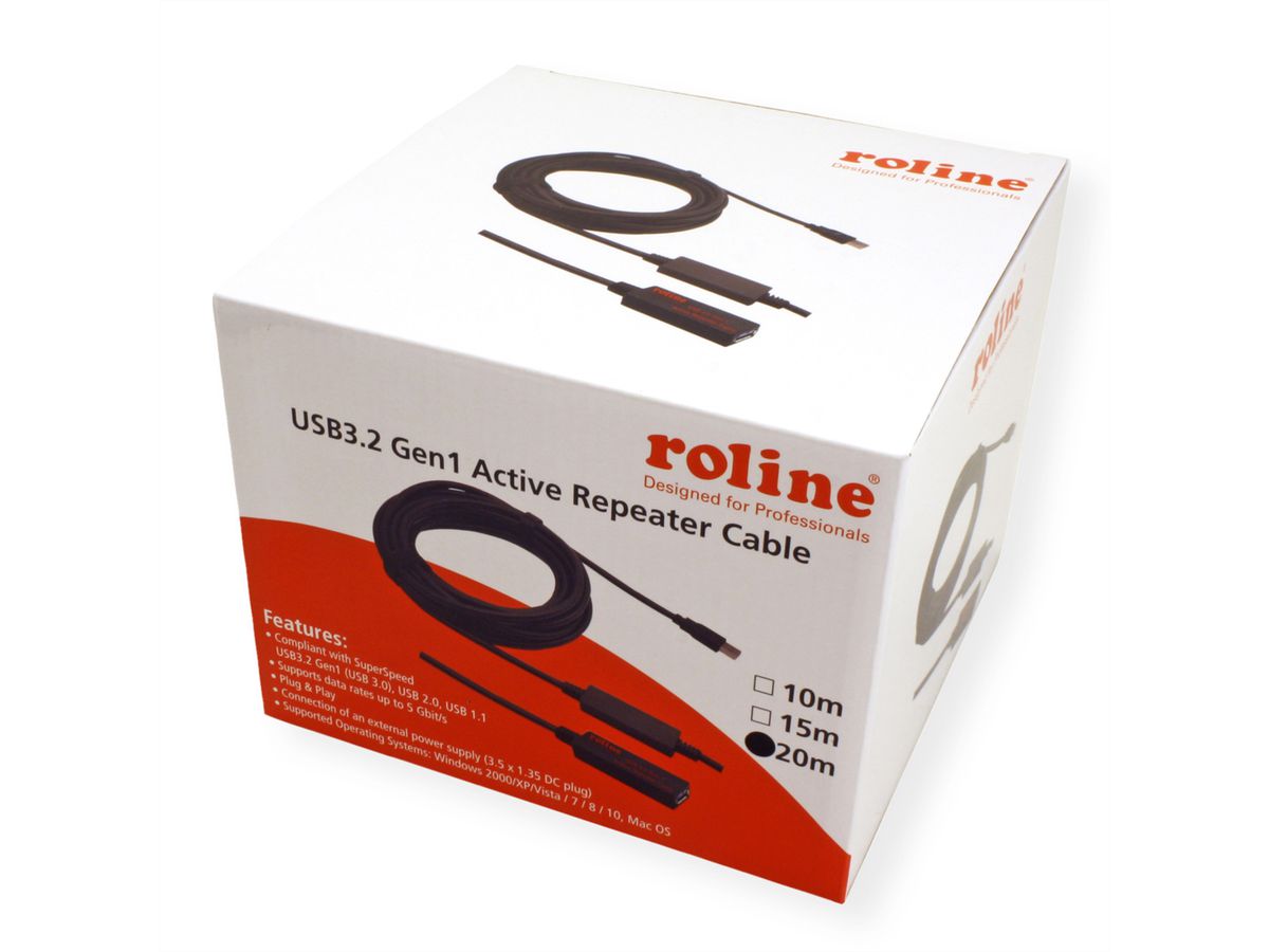 ROLINE Câble prolongateur actif USB 3.2 Gen 1, noir, 20 m