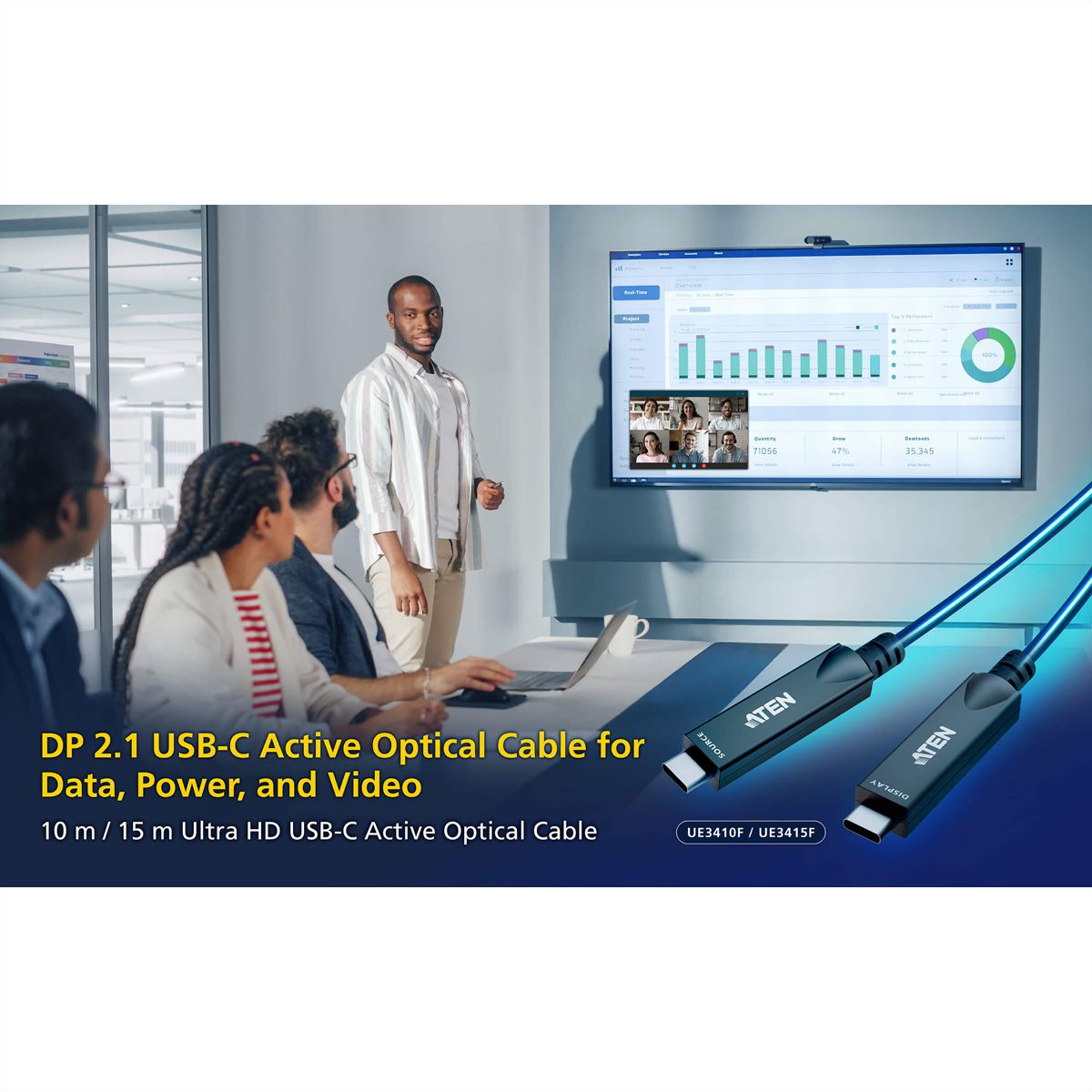 ATEN UE3410F Câble optique actif USB-C Ultra HD, noir, 10 m