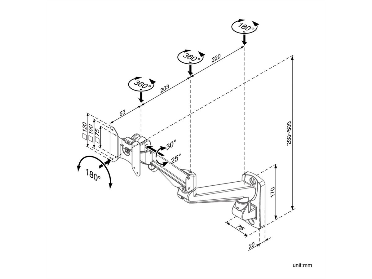 ROLINE LCD-Arm Gasfeder, Wandmontage, Pivot, bis 32 Zoll, bis 8 kg