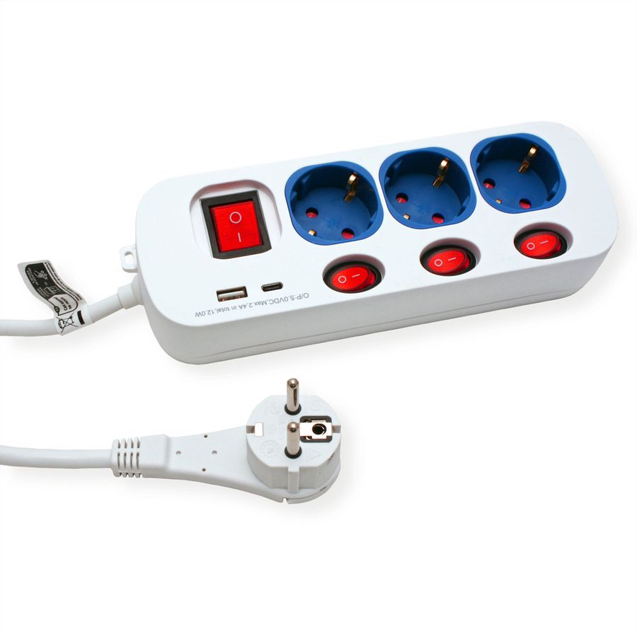 ROLINE 3-fach Steckdosenleiste mit Schalter, USB-Charger A+C, 1,5 m