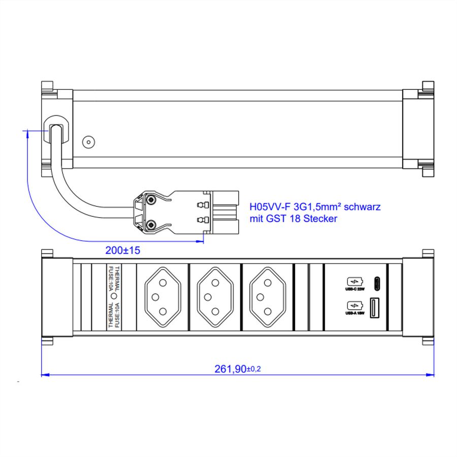 BACHMANN POWER FRAME M 3xCH, 1xUSB A&C 22W Charger 0,2m GST18 Schweiz