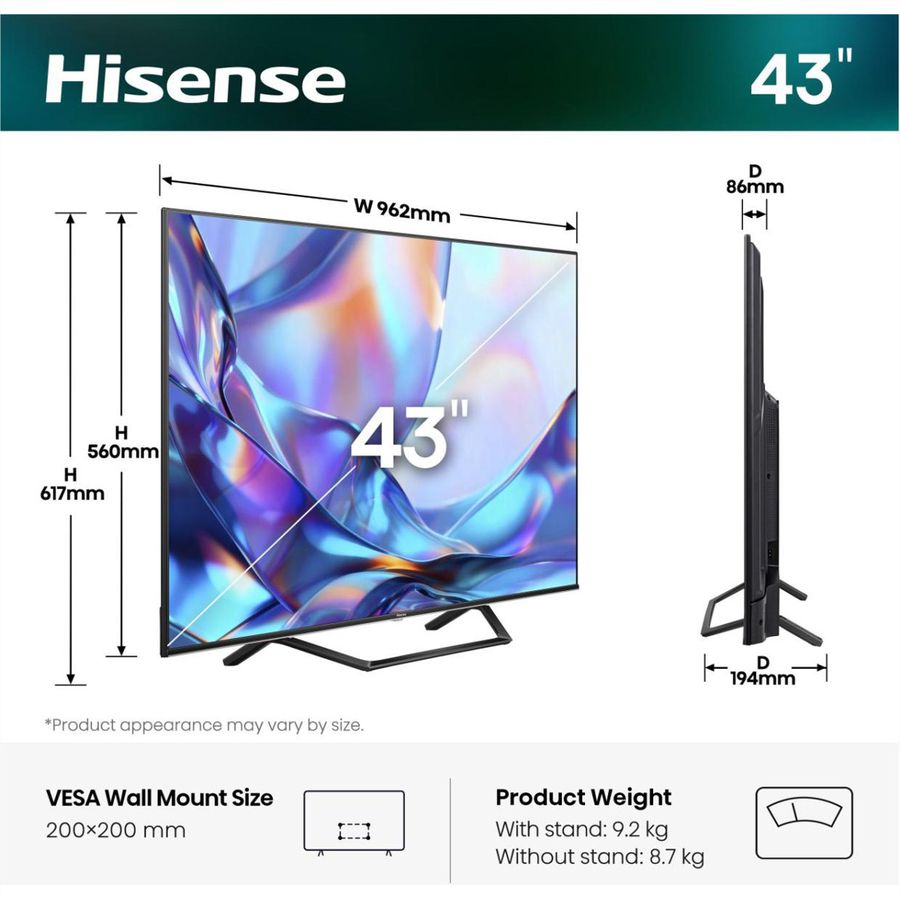 Hisense TV 43A7DS 43", QLED 4K, 60Hz, 300 Nits