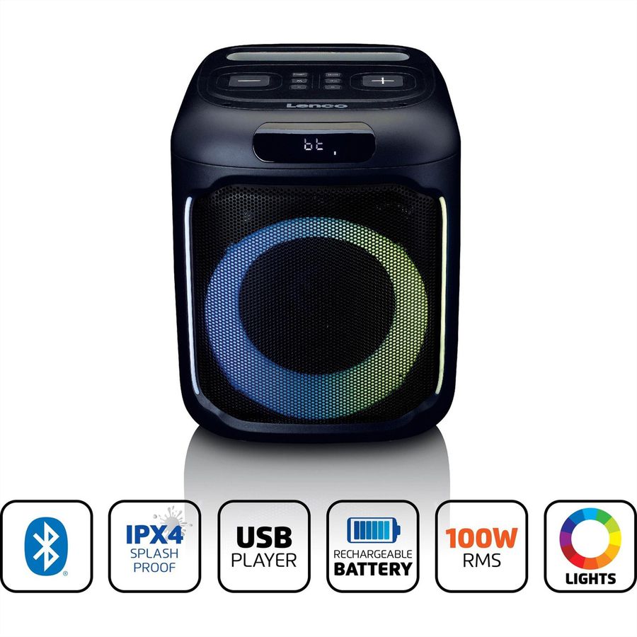 Lenco Lautsprecher PA-101BK, schwarz, 100 W, Beleuchtung, wireless Mikrofon