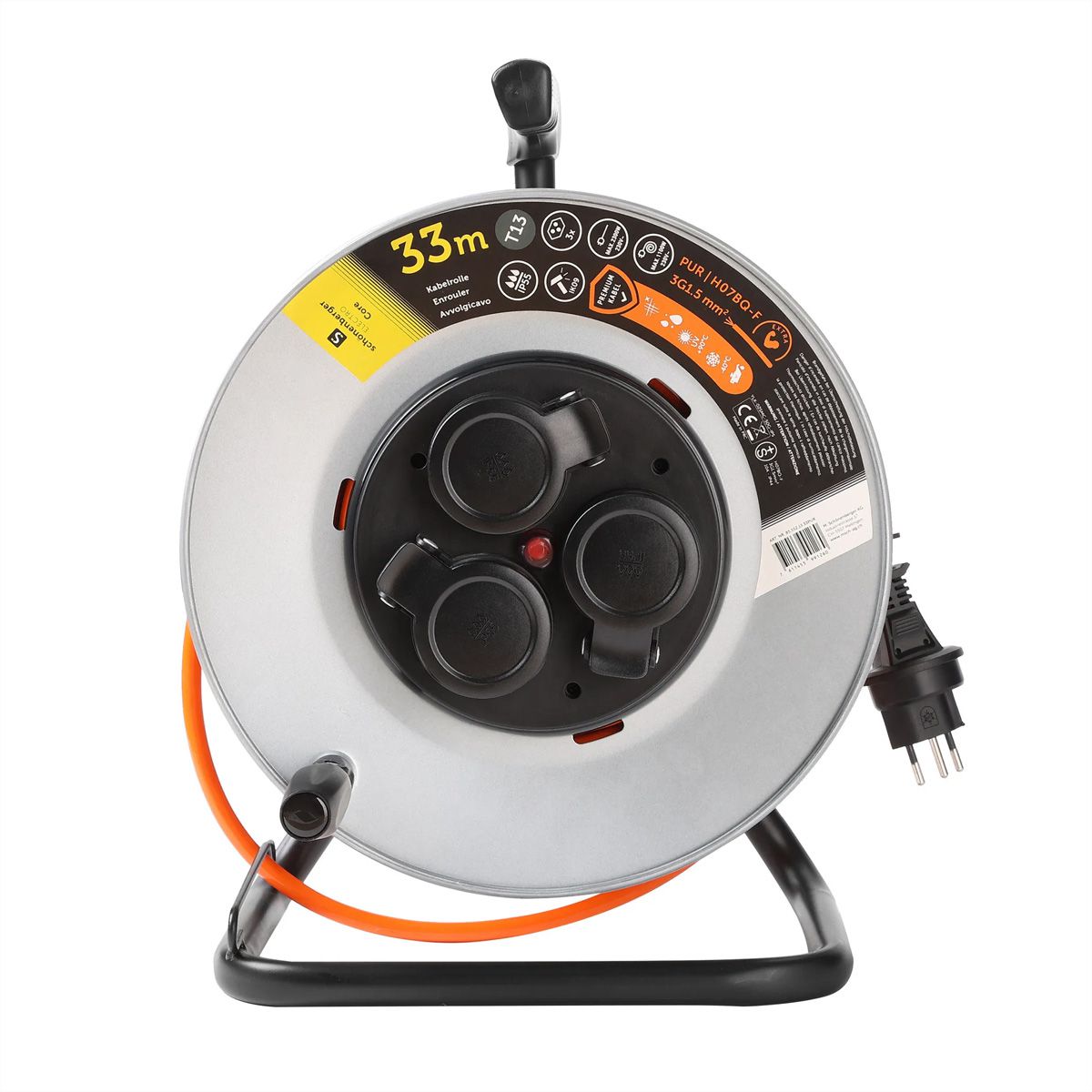 Kabelrolle Metall 3xT13, EPR-PUR H07BQ-F 3G1.5mm2,33m,IK09, orange