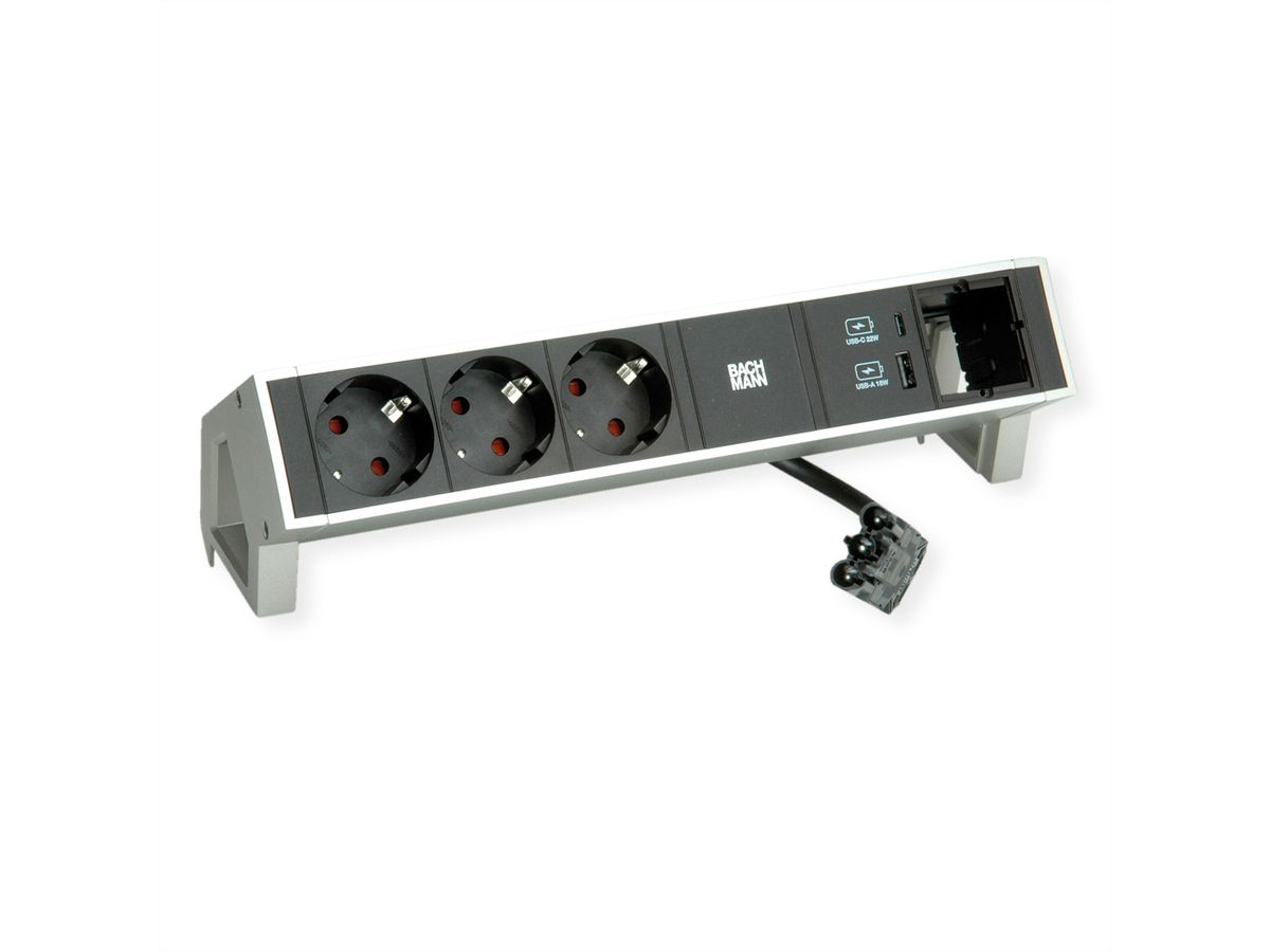 BACHMANN DESK2 3xCEE7/3 1x CM USB Charger A/C 22W, 0,2m GST18 INOX
