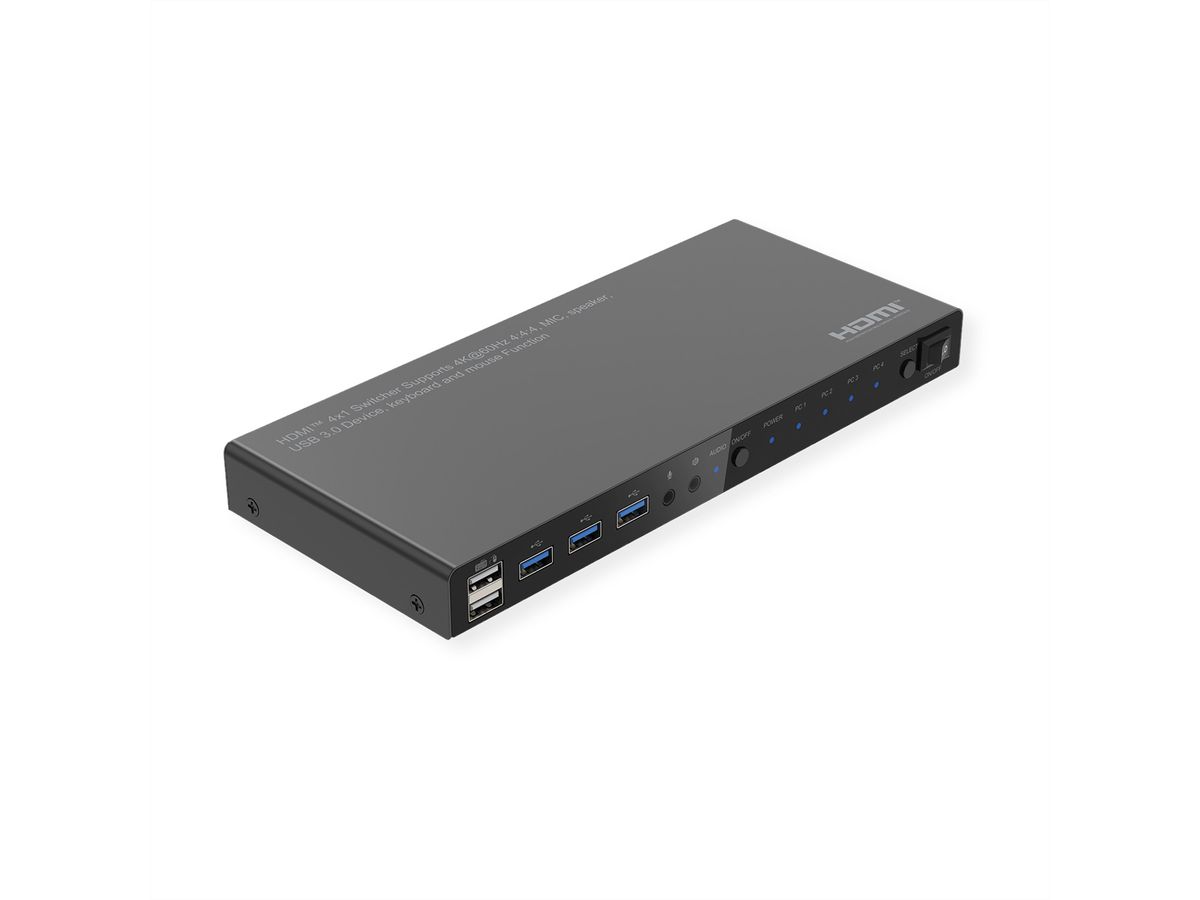 ROLINE KVM Switch, HDMI 4K, USB, 1 User - 4 PC, mit 3-Port USB-Hub