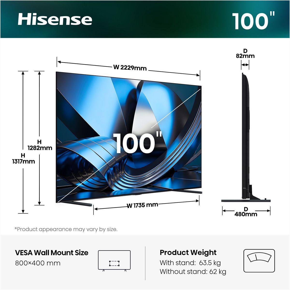 Hisense TV 100U7DSE 100", Mini-LED 4K, 165Hz, 1000 Nits