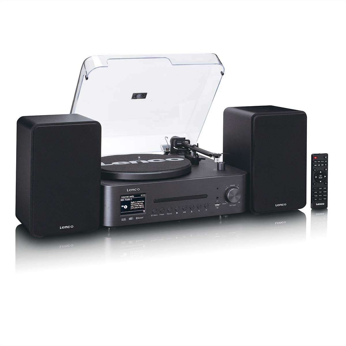 Lenco MC-760BK - Chaîne hi-fi stéréo avec platine vinyle et haut-parleurs, CD, MP3, BT, USB, RC
