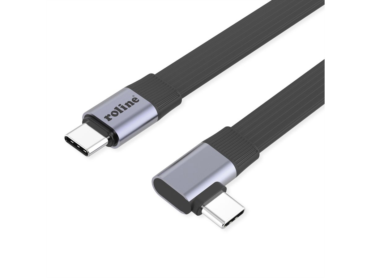 ROLINE Câble USB4 2.0 plat, C–C, M/M, un côté coudé à 90°, 8K UHD-2, 80Gbit/s, 240W, noir, 0,13 m