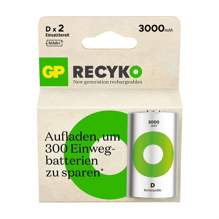 GP Batteries Recyko+, Akku 2xD, 3000 mAh, 1,2 V