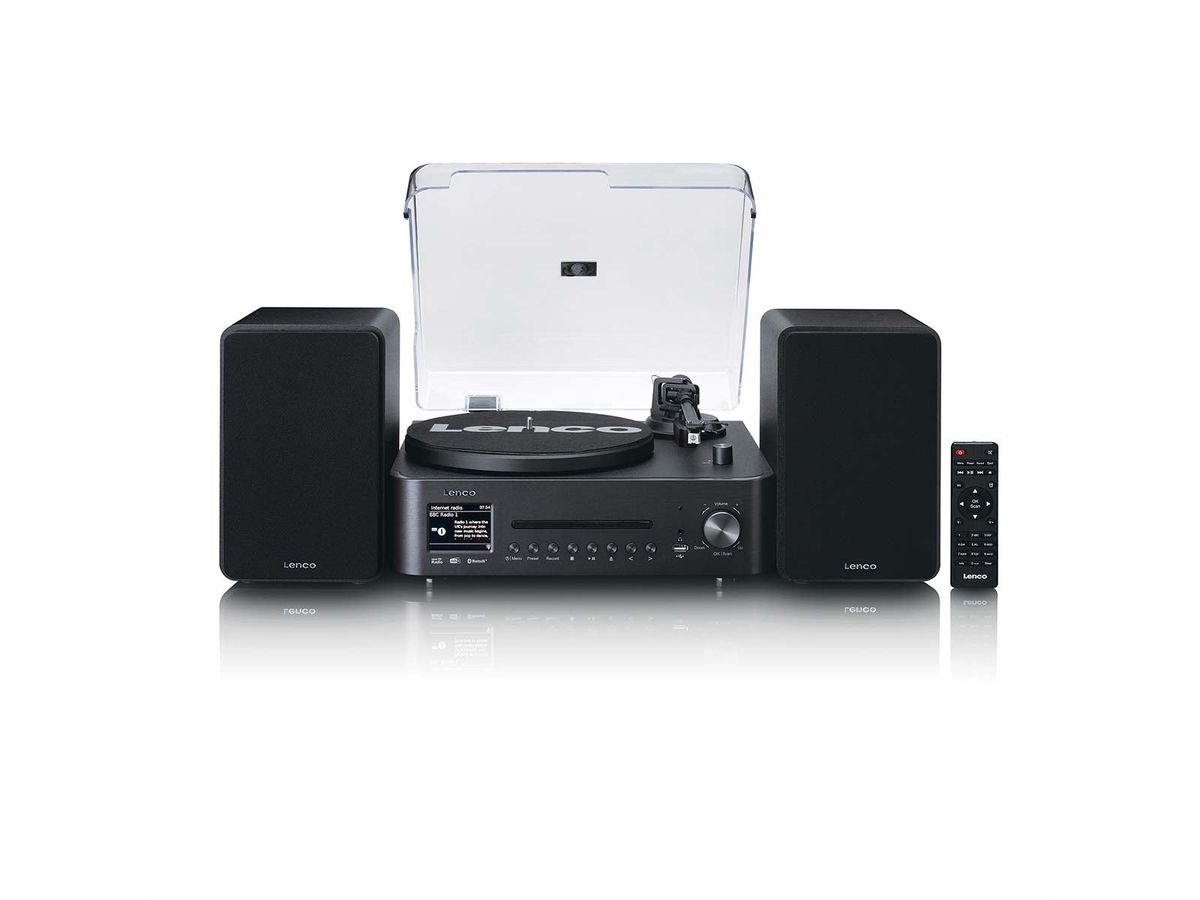 Lenco MC-760BK - Hi-Fi-Stereoanlage mit Plattenspieler und Lautsprechern, Internetradio, DAB+, FM, Bluetooth®, CD/MP3-Player - Schwarz