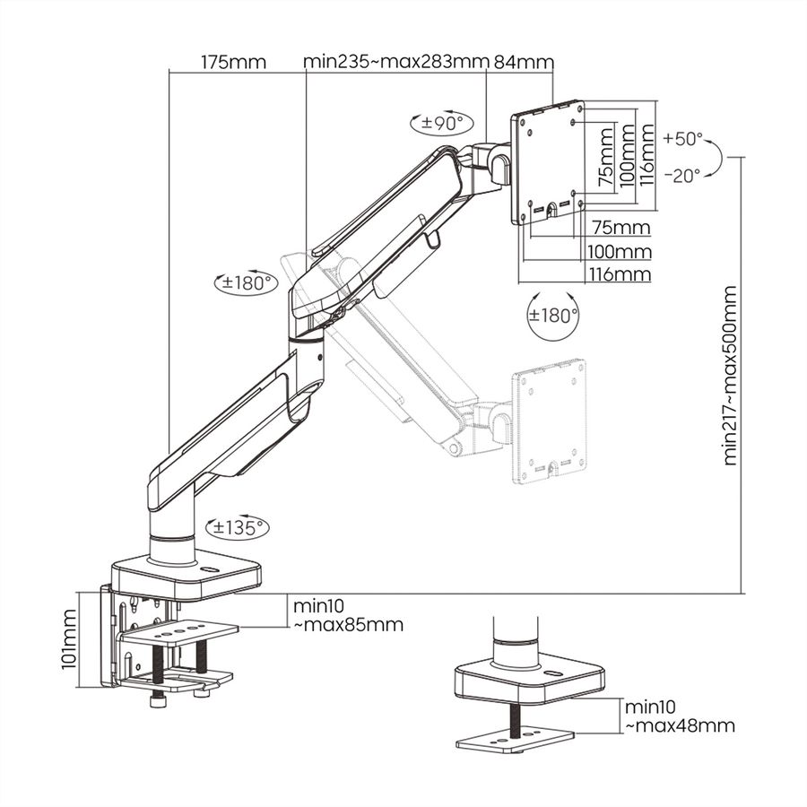 ROLINE Support LCD à gaz, fonction pivot, 5 axes de rotation, 17–49 pouces, jusqu'à 20 kg