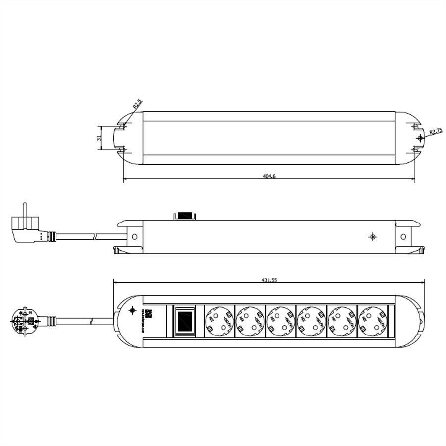 BACHMANN PRIMO Bâti de prises 6x contact de protection, aluminium, avec interrupteur, 1,75 m