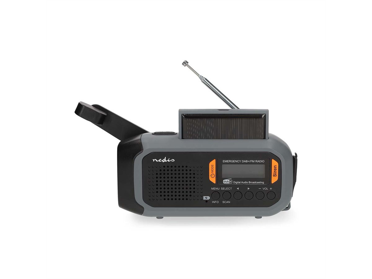 Radio d'urgence Nedis DAB FM avec manivelle, panneau solaire et batterie externe, Radio d'urgence portable pour les situations d'urgence, le camping et les activités de plein air