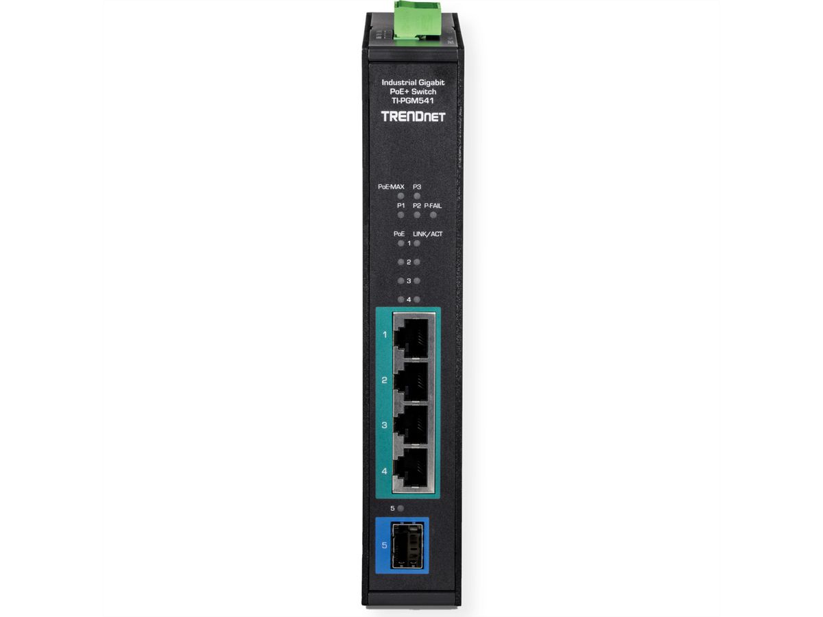 TRENDNET TI-PGM541 Switch Rail DIN industriel PoE+ Gigabit à 5 ports -20° – 65°C, noir