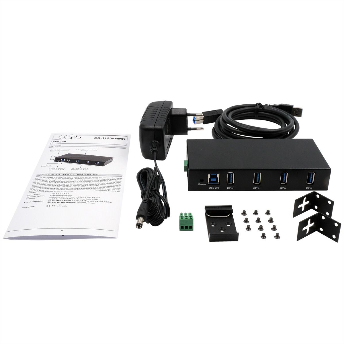 EXSYS EX-11234HMS 4 Port USB 3.2 Gen 1 HUB Din-Rail Kit und Wand VIA VL811+ Chipset