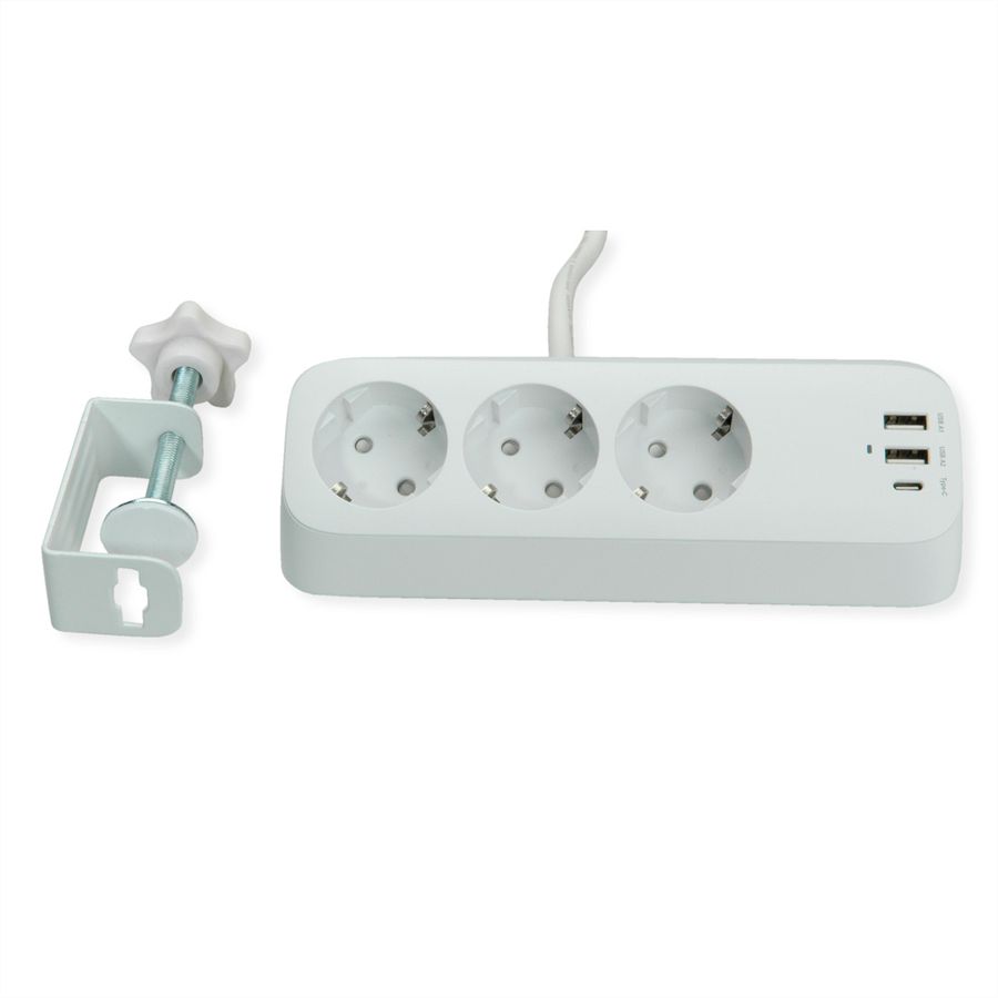 VALUE Tisch-Steckdosenleiste, 3fach mit Tisch-Klemme, inkl. USB-Charger (2x USB-A, 1x USB-C), 1,5 m