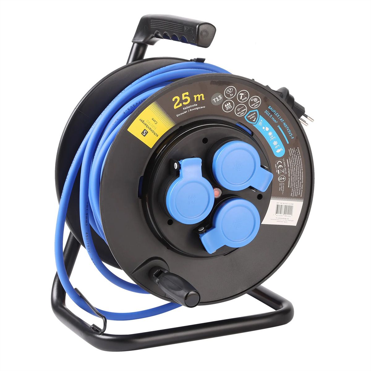 Kabelrolle Kunststoff 3xT13, BAUFLEX,N07V3V3-F 3G1.5mm2,IP55,IK08,25m, blau