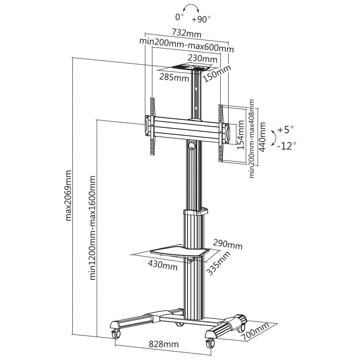 ROLINE LCD-/TV-Rollständer, 37-70 Zoll, bis 50 kg, silberfarben