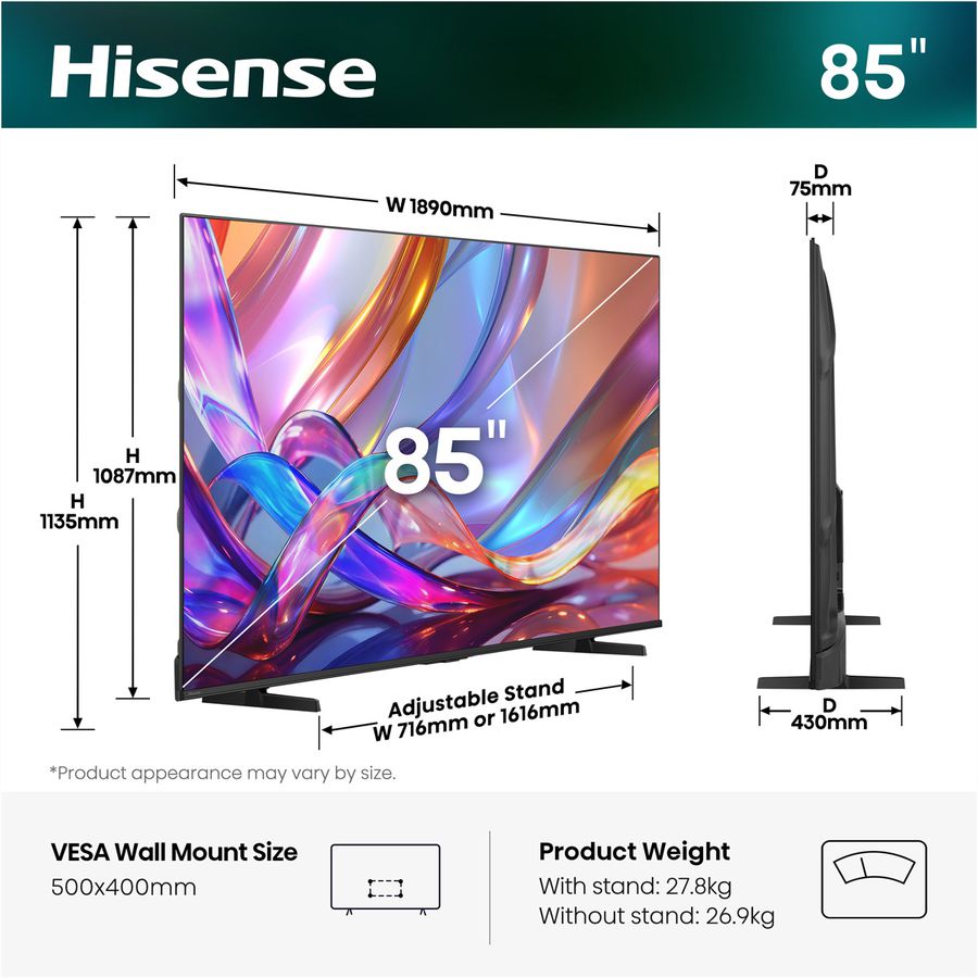 Hisense TV 85E7S 85", QLED 4K, 60Hz, 400 Nits