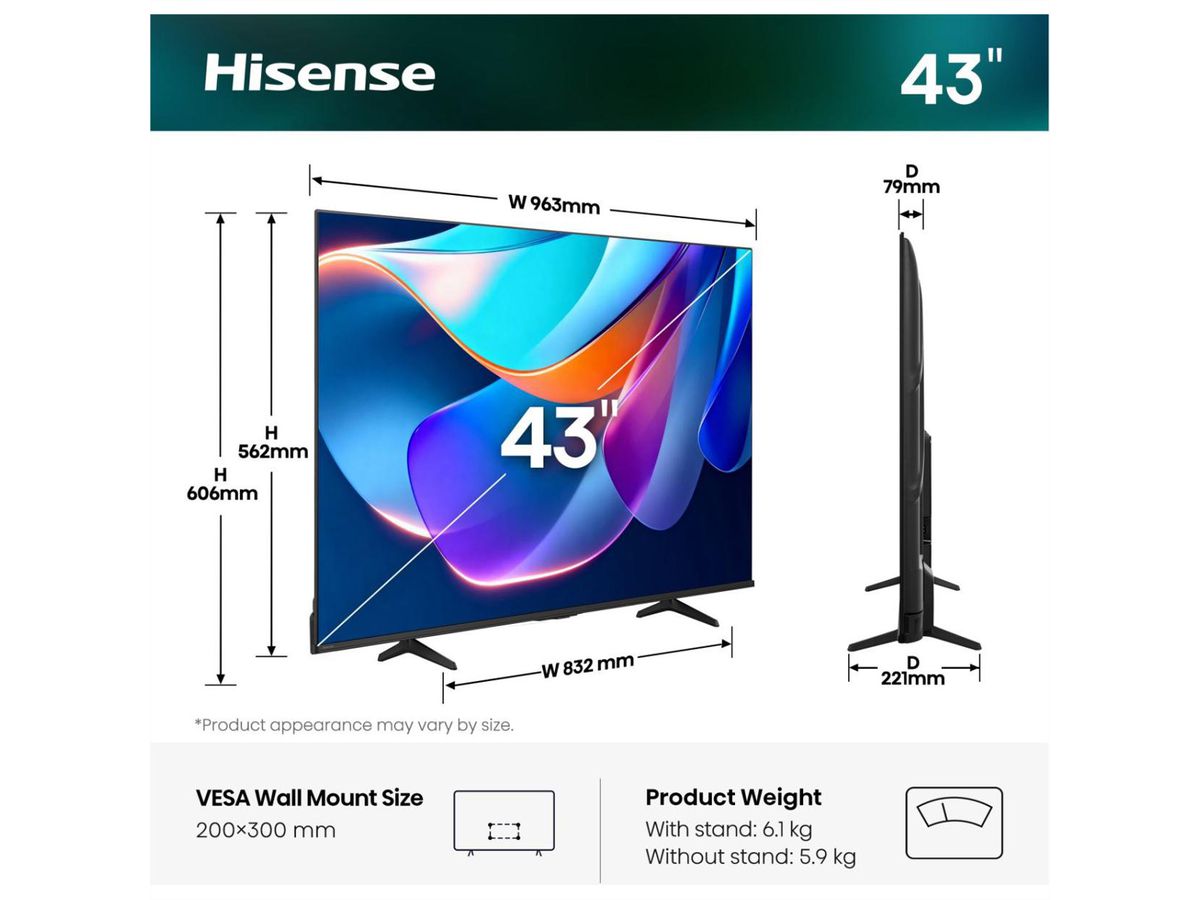 Hisense TV 43A6S 43", 4K, 60Hz, 200 Nits