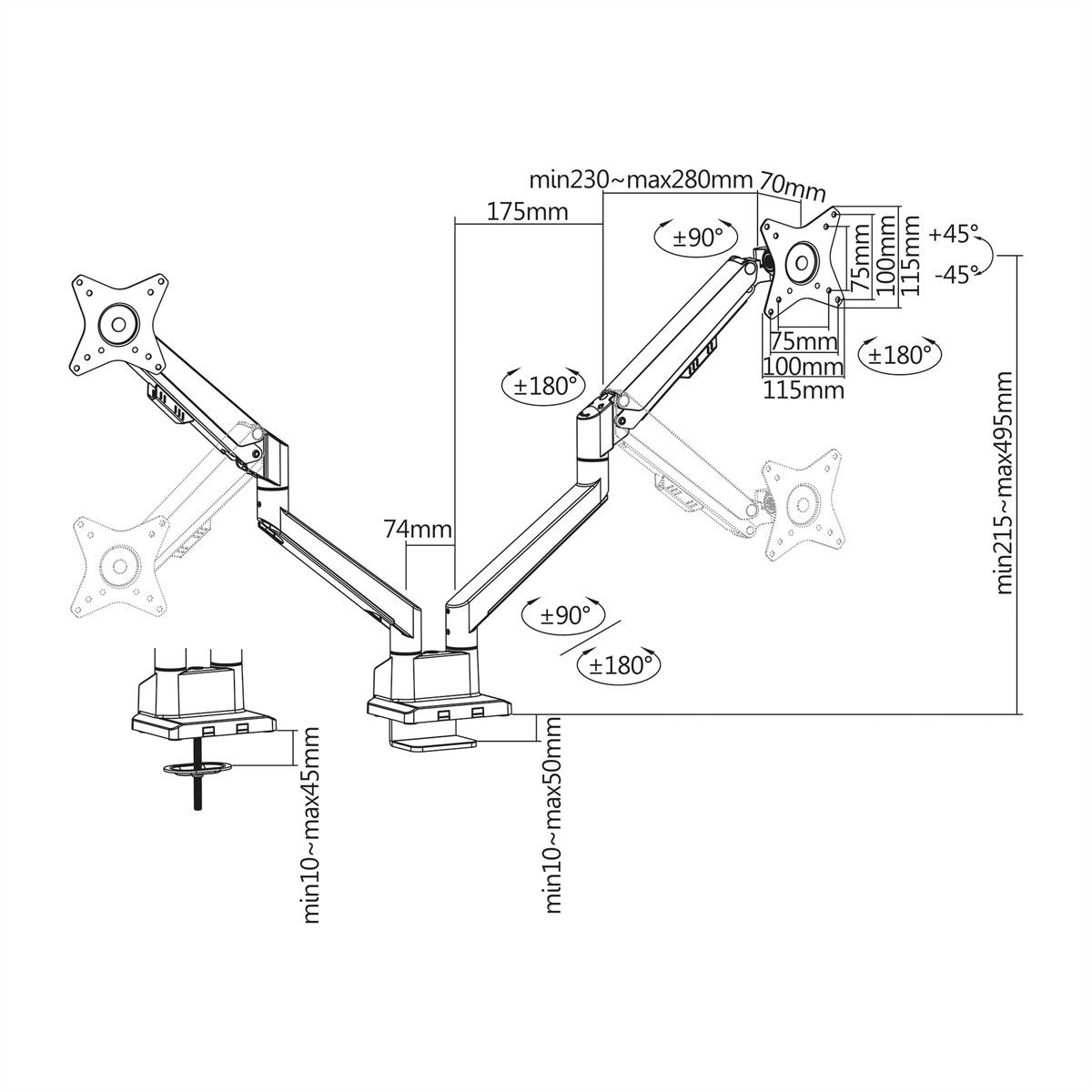 ROLINE Support double LCD, vérin à gaz, 5 articulations, fixation sur bureau, 17-23", jusqu'à 2x 9 kg, argent