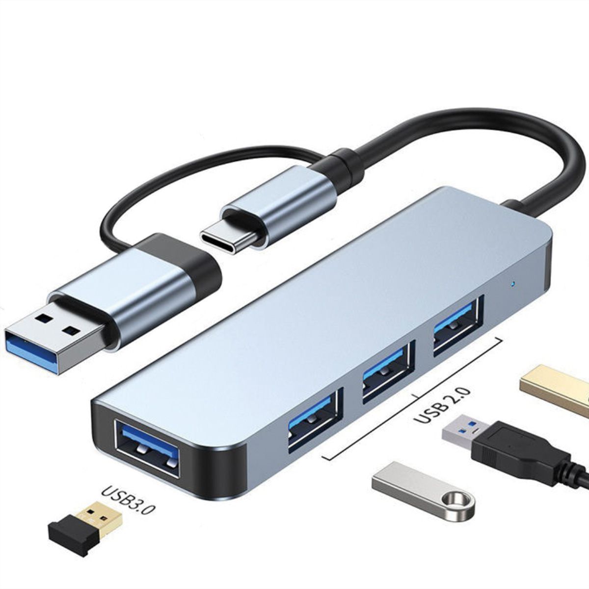 VALUE USB3.2 Gen1 Metall Hub, 4fach Typ A, (1x USB 3.2Gen1 + 3x USB 2.0), Typ A+C Anschlusskabel
