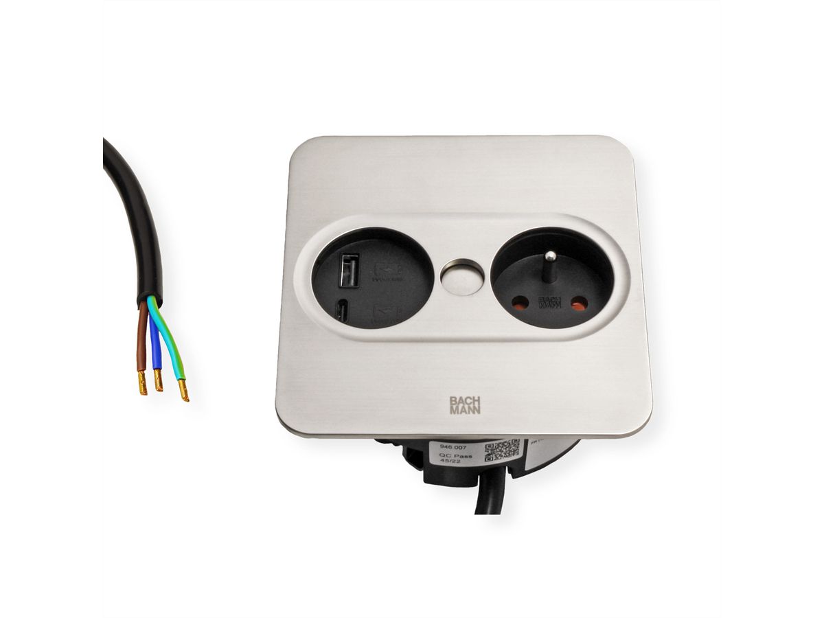 BACHMANN TWIST 2 1xUTE 1xUSB A/C 22W 2,0m AEH Edelstahl-Optik eckig