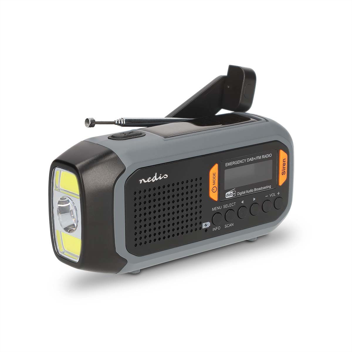 Nedis Notfallradio DAB FM mit Handkurbel Solarpanel und Powerbank, Tragbares Notfallradio fuer Notfaelle, Camping und Outdoor Anwendungen